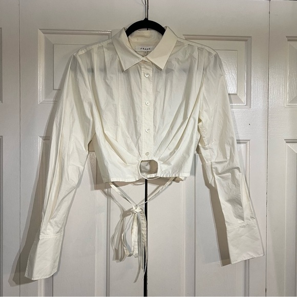 Frame White Cropped Wrap Tie Shirt  Button Up Blouse Size Small NWT Cotton - Picture 7 of 11